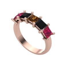 Edda 5 Taşlı Yüzük - Dumanlı kuvars, siyah zirkon ve rodolit garnet 18 ayar rose altın yüzük #17rnmtx