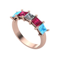 Pırlanta, rodolit garnet ve akuamarin 8 ayar rose altın yüzük (0.39 karat)