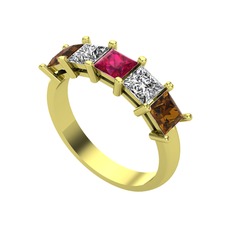 Rodolit garnet, beyaz zirkon ve dumanlı kuvars 18 ayar altın yüzük