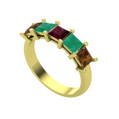 Edda 5 Taşlı Yüzük - Kök yakut, kök zümrüt ve dumanlı kuvars 8 ayar altın yüzük #18aa40l