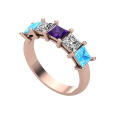 Edda 5 Taşlı Yüzük - Ametist, swarovski ve akuamarin 18 ayar rose altın yüzük #18g93i0