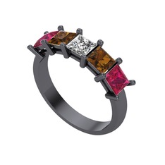Edda 5 Taşlı Yüzük - Swarovski, dumanlı kuvars ve rodolit garnet 925 ayar siyah rodyum kaplama gümüş yüzük #18sjav7