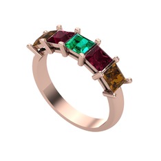 Edda 5 Taşlı Yüzük - Yeşil kuvars, kök yakut ve dumanlı kuvars 8 ayar rose altın yüzük #190wj4p