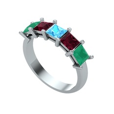 Edda 5 Taşlı Yüzük - Akuamarin, kök yakut ve kök zümrüt 8 ayar beyaz altın yüzük #19c14fe