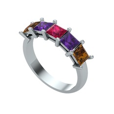 Rodolit garnet, ametist ve dumanlı kuvars 18 ayar beyaz altın yüzük