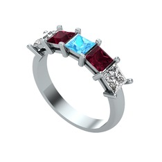 Edda 5 Taşlı Yüzük - Akuamarin, kök yakut ve swarovski 8 ayar beyaz altın yüzük #19xn4q2