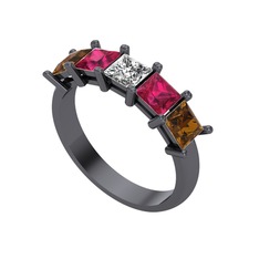 Swarovski, rodolit garnet ve dumanlı kuvars 925 ayar siyah rodyum kaplama gümüş yüzük