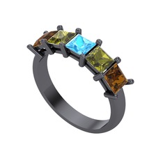 Akuamarin, peridot ve dumanlı kuvars 925 ayar siyah rodyum kaplama gümüş yüzük