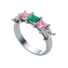 Edda 5 Taşlı Yüzük - Kök zümrüt, pembe kuvars ve swarovski 14 ayar beyaz altın yüzük #1ac4m1u