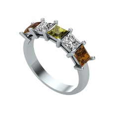 Peridot, beyaz zirkon ve dumanlı kuvars 8 ayar beyaz altın yüzük