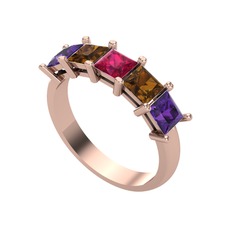 Rodolit garnet, dumanlı kuvars ve ametist 8 ayar rose altın yüzük