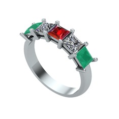 Garnet, pırlanta ve kök zümrüt 18 ayar beyaz altın yüzük (0.78 karat)