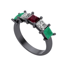Edda 5 Taşlı Yüzük - Kök yakut, swarovski ve kök zümrüt 925 ayar siyah rodyum kaplama gümüş yüzük #1c914ob