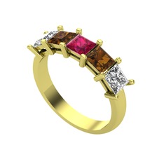 Rodolit garnet, dumanlı kuvars ve beyaz zirkon 8 ayar altın yüzük