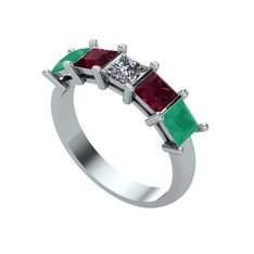 Edda 5 Taşlı Yüzük - Pırlanta, kök yakut ve kök zümrüt 8 ayar beyaz altın yüzük (0.39 karat) #1cfosix
