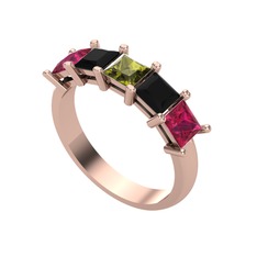 Peridot, siyah zirkon ve rodolit garnet 8 ayar rose altın yüzük