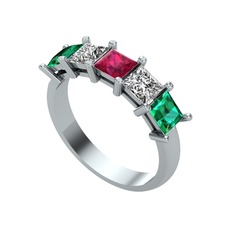 Edda 5 Taşlı Yüzük - Rodolit garnet, swarovski ve yeşil kuvars 8 ayar beyaz altın yüzük #1e5oow