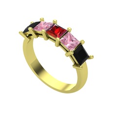 Garnet, pembe kuvars ve siyah zirkon 8 ayar altın yüzük
