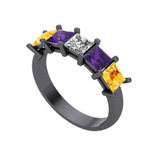 Edda 5 Taşlı Yüzük - Swarovski, ametist ve sitrin 925 ayar siyah rodyum kaplama gümüş yüzük #1f308qv