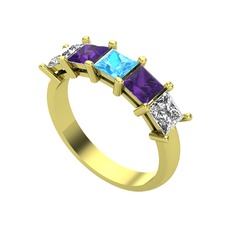 Akuamarin, ametist ve swarovski 14 ayar altın yüzük