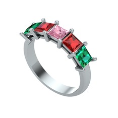 Edda 5 Taşlı Yüzük - Pembe kuvars, garnet ve yeşil kuvars 14 ayar beyaz altın yüzük #1g8zfe7