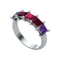 Edda 5 Taşlı Yüzük - Rodolit garnet, kök yakut ve ametist 14 ayar beyaz altın yüzük #1gc3oty