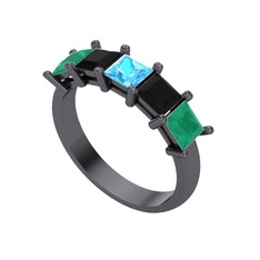 Edda 5 Taşlı Yüzük - Akuamarin, siyah zirkon ve kök zümrüt 925 ayar siyah rodyum kaplama gümüş yüzük #1gcjl0k