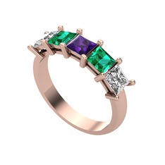 Edda 5 Taşlı Yüzük - Ametist, yeşil kuvars ve swarovski 14 ayar rose altın yüzük #1gmds64