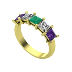 Edda 5 Taşlı Yüzük - Kök zümrüt, swarovski ve ametist 8 ayar altın yüzük #1h05vuc