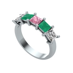 Pembe kuvars, kök zümrüt ve beyaz zirkon 18 ayar beyaz altın yüzük