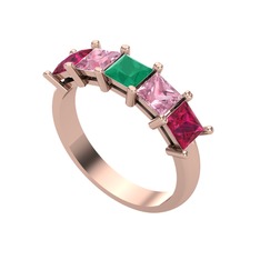 Kök zümrüt, pembe kuvars ve rodolit garnet 8 ayar rose altın yüzük
