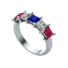 Edda 5 Taşlı Yüzük - Lab safir, swarovski ve rodolit garnet 18 ayar beyaz altın yüzük #1ibekjy