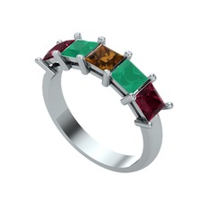 Edda 5 Taşlı Yüzük - Dumanlı kuvars, kök zümrüt ve kök yakut 14 ayar beyaz altın yüzük #1iktyqm