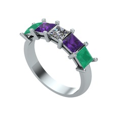 Edda 5 Taşlı Yüzük - Pırlanta, ametist ve kök zümrüt 14 ayar beyaz altın yüzük (0.39 karat) #1ixqz5a