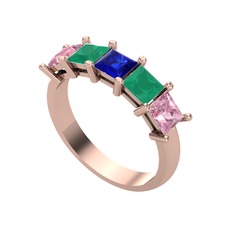 Lab safir, kök zümrüt ve pembe kuvars 8 ayar rose altın yüzük