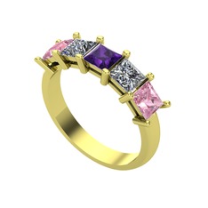 Edda 5 Taşlı Yüzük - Ametist, pırlanta ve pembe kuvars 14 ayar altın yüzük (0.78 karat) #1je2k9u