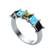 Edda 5 Taşlı Yüzük - Peridot, akuamarin ve siyah zirkon 14 ayar beyaz altın yüzük #1js5xmg