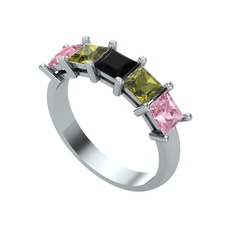 Edda 5 Taşlı Yüzük - Siyah zirkon, peridot ve pembe kuvars 8 ayar beyaz altın yüzük #1jtysrw