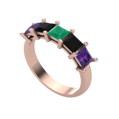 Edda 5 Taşlı Yüzük - Kök zümrüt, siyah zirkon ve ametist 925 ayar rose altın kaplama gümüş yüzük #1jzx5nu