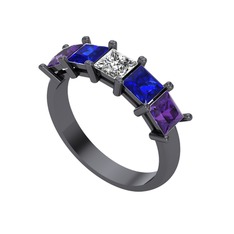 Edda 5 Taşlı Yüzük - Swarovski, lab safir ve ametist 925 ayar siyah rodyum kaplama gümüş yüzük #1ka1oh5