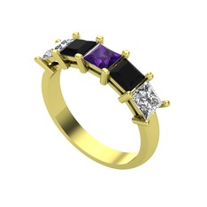 Edda 5 Taşlı Yüzük - Ametist, siyah zirkon ve swarovski 14 ayar altın yüzük #1l2gyh9