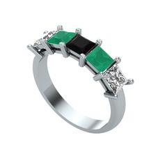 Edda 5 Taşlı Yüzük - Siyah zirkon, kök zümrüt ve swarovski 18 ayar beyaz altın yüzük #1lhgwp