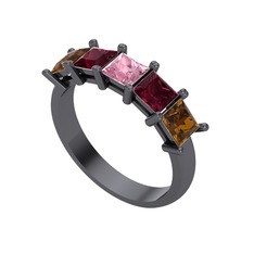 Edda 5 Taşlı Yüzük - Pembe kuvars, kök yakut ve dumanlı kuvars 925 ayar siyah rodyum kaplama gümüş yüzük #1lvsf6k