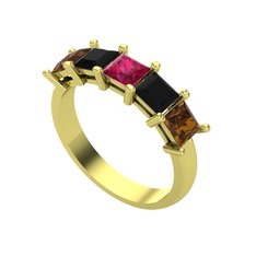 Rodolit garnet, siyah zirkon ve dumanlı kuvars 8 ayar altın yüzük