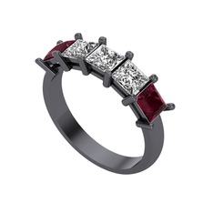 Edda 5 Taşlı Yüzük - Beyaz zirkon, swarovski ve kök yakut 925 ayar siyah rodyum kaplama gümüş yüzük #1mkzr8u