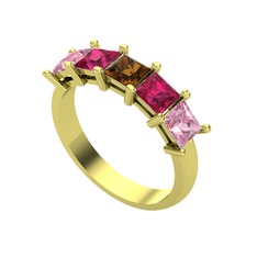 Dumanlı kuvars, rodolit garnet ve pembe kuvars 18 ayar altın yüzük