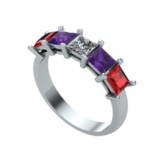 Edda 5 Taşlı Yüzük - Pırlanta, ametist ve garnet 14 ayar beyaz altın yüzük (0.39 karat) #1mypslz