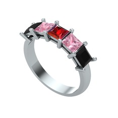 Garnet, pembe kuvars ve siyah zirkon 8 ayar beyaz altın yüzük