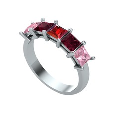 Garnet, kök yakut ve pembe kuvars 14 ayar beyaz altın yüzük