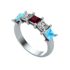 Edda 5 Taşlı Yüzük - Kök yakut, swarovski ve akuamarin 18 ayar beyaz altın yüzük #1o9se6m